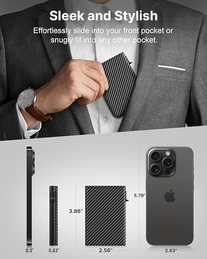 typecase Mens Wallet Card Holder: Pop Up Aluminum Case, Genuine Leather, Smart, RFID Blocking, Slim, Minimalist, Front Pocket - 9-14 Card Capacity | ID Window | Cash Slot (Carbon Fiber Navy)