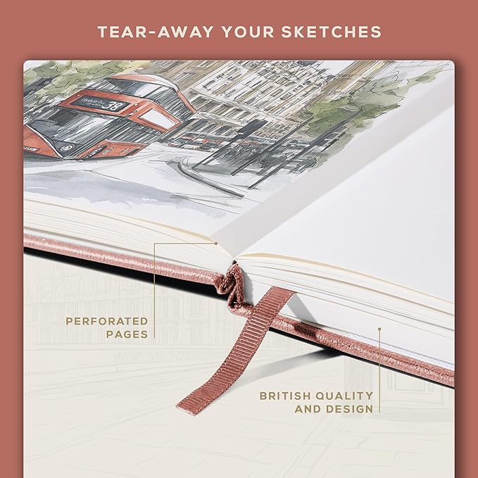 Beechmore Books A3 Sketchbook – 11.7x16.5 Premium Vegan Leather Bound Extra Large Sketch Book Hardcover, 160gsm 160 Perforated Ivory Pages, Blank Sketch Pad, Gift Boxed, Back Pocket, Ribbon Bookmark