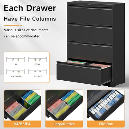 Bestoo 4-Drawer File Cabinet with Lock, Metal Filing Cabinet for Home Office, Lateral Filing Storage Cabinets, Fits File Folders, Letter/Legal/F4/A4 Sizes, Assembly Required (Black)
