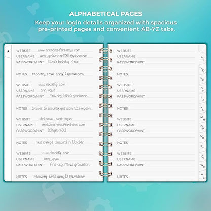 Clever Fox Password Book Spiral – Internet Address & Password Organizer with Laminated Alphabetical Tabs – Password Keeper Journal – Hardcover, Medium Size, 6.1x7.7” (Turquoise)