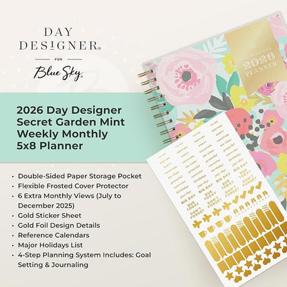 Blue Sky 2026 Weekly & Monthly Planner Calendar, 5"x8", Secret Garden Mint | January 2026 - December 2026, Flexible Cover, Durable Twin Wire Binding, Storage Pocket, Stickers