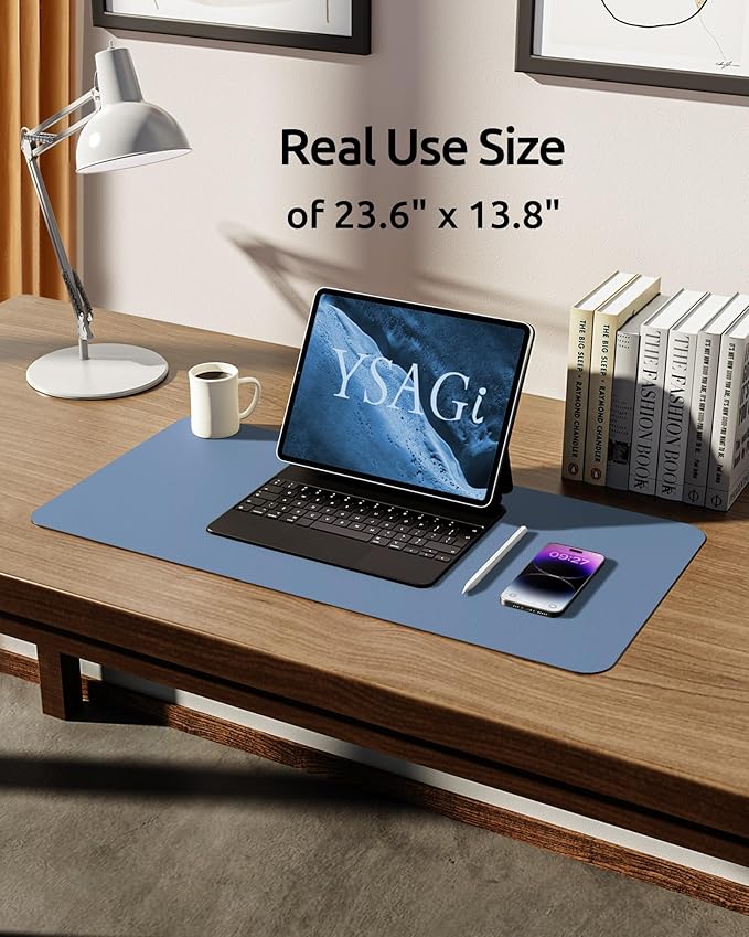 YSAGi Leather Desk Protector, Office Mat, Large Mouse Mat, Non-Slip PU Leather Blotter, Laptop Desk, Waterproof Writing Pad for Office and Home (Blue, 23.6" x 13.8")