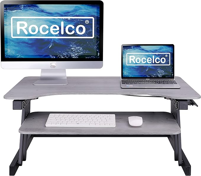 Rocelco 37.5" Deluxe Height Adjustable Standing Desk Converter - Quick Sit Stand Up Dual Monitor Riser - Gas Spring Assist Computer Workstation - Large Retractable Keyboard Tray - Gray (R DADRG)