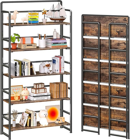 4NM No Assembly Extra Wide 5 Tiers Folding Bookshelf Storage Shelves Vintage Bookcase Standing Racks Study Organizer Home Office (Rustic Brown Black)