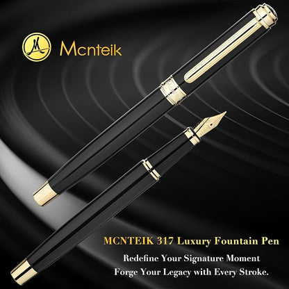 MCNTEIK 317 Fountain Pen,Stunning Luxury Piano Lacquer,18K Gilded Nib(Medium),Gorgeous 24K Gold Finish, Ink Converter,Trustworthy Gift for Men&Women-Elegant,Executive,Nice Pens for Writing, BK-M