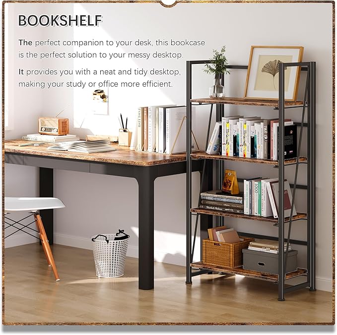 4NM No Assembly Folding Bookshelf Storage Shelves 4 Tiers Vintage Bookcase Standing Racks Study Organizer Home Office (Rustic Brown Black)