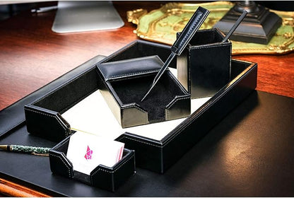 DACASSO Bonded Leather Desk Set - Luxury Leather Desk Pad & Desk Organization Essentials (Black, 6 Piece)