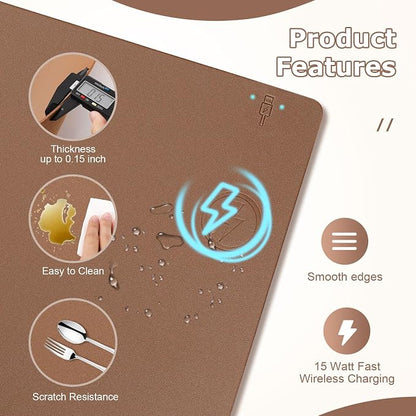 Wireless Charging Mouse Pad Firelison 2 in 1 Leather Multifunctional Office Desk Pad with Non-Slip Rubber Base, Waterproof Desk pad for Computers/Office/Work/Home/Decor（ 32" x 16"Buff - R）