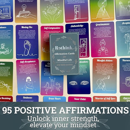 QUOKKA Rethink 95 Positive Affirmation Cards for Mindfulness | Inspirational Motivational Cards for Women, Men, Teens for Stress Anxiety Relief and Mental Wellness | Durable Self Care Card Set