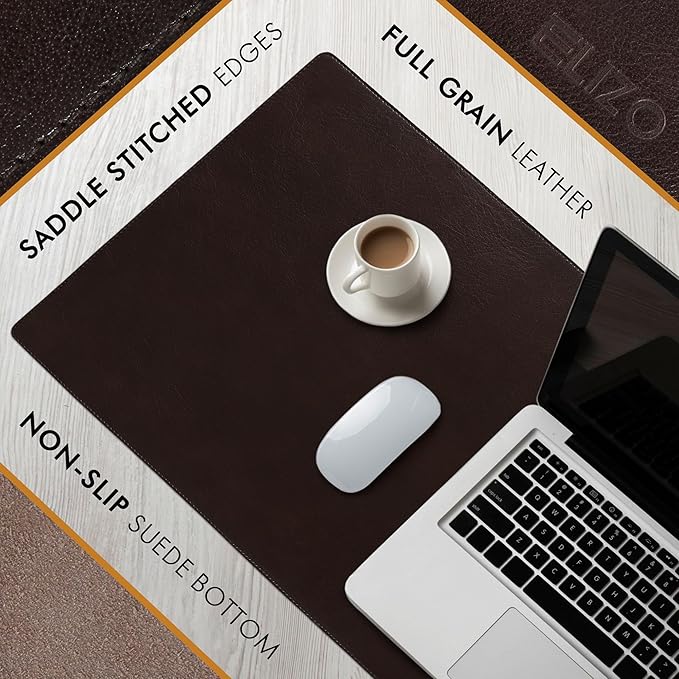 Elizo Leather Desk Mat Desk Pad Blotter Set - Real Full-Grain Leather (32x16) 2-Layer Genuine Desk Cover Protector & Large Mouse Pad | Computer Keyboard Desk Accessories for Office & Home
