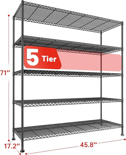REIBII 45.8“W Metal Shelving Storage Shelves, 5-Tier Wire Shelving Unit,Heavy Duty Garage Shelving, Adjustable Storage Rack for Pantry Kitchen Dining Room Restaurant Supermarket Commercial Black