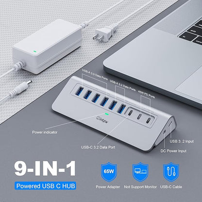 Powered USB Hub 10Gbps, intpw 9-Port USB 3.2 Hub, USB C Hub with USB A/USB C 3.2, 4 USB 3.0, 2 PD 45W Charging Ports, 65W Power Adapter and 3.3FT Cable, Aluminum USB Hub for Laptop, iPhone 17/16/15，PC