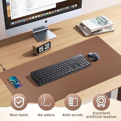 Wireless Charging Mouse Pad Firelison 2 in 1 Leather Multifunctional Office Desk Pad with Non-Slip Rubber Base, Waterproof Desk pad for Computers/Office/Work/Home/Decor（ 32" x 16"Buff - L