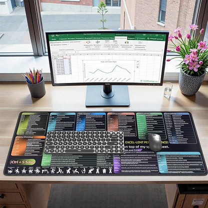 iCasso Excel Cheat Sheet Desk Pad, Excel Mouse Pad Shortcuts, Excell Short Cut Desk Mat, Extended Large XXL Non-Slip Exel Mousepad with Stitched Edges for Computer Keyboard(Colorful)