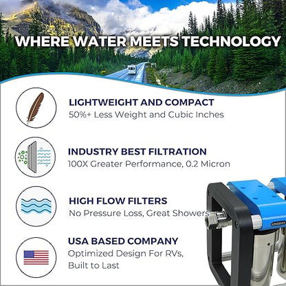 GoBluTech R3, RV Water Filter System, 0.2 Micron Filter for Campers with Compact 5-inch Filters, 3 Stage Premium Filtration System, for RVs, Vans, and Boats - US Veteran Owned