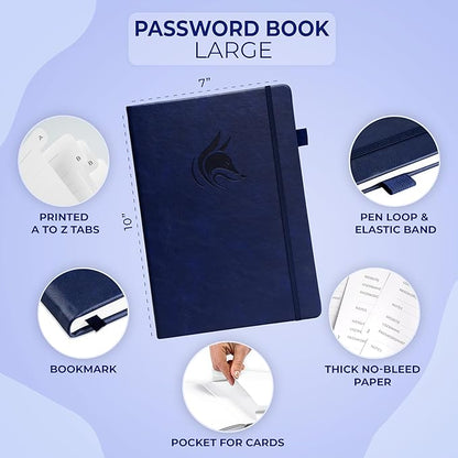 Clever Fox Password Book with alphabetical tabs. Internet Address Organizer Logbook. Large Password Keeper for Website Logins (Dark Blue)