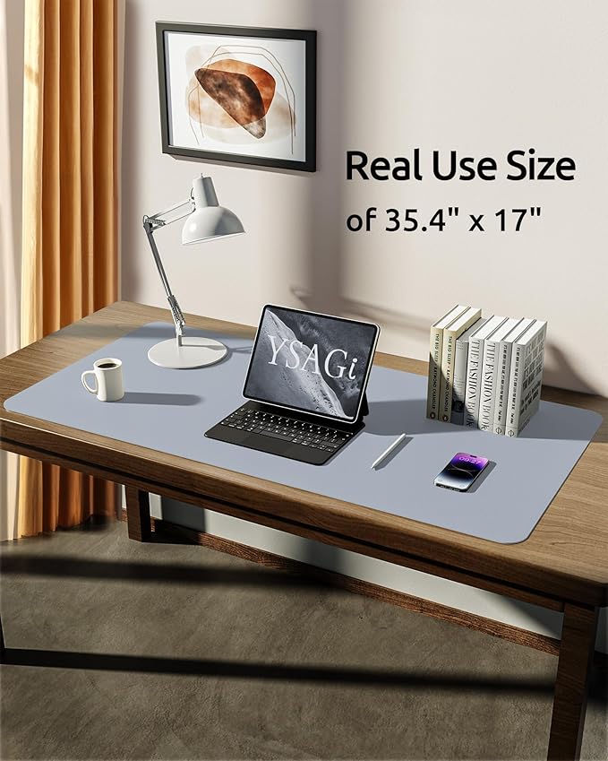 YSAGi Leather Desk Protector, Office Mat, Large Mouse Mat, Non-Slip PU Leather Blotter, Laptop Desk Mat, Waterproof Writing Pad for Office and Home (Light Grey, 35.4" x 17")