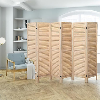 6 Panel Room Dividers and Folding Privacy Screens, Divider for Room Separation, Wood Louvered Divider Wall, Wooden Partition for Home Office Bedroom (Natural)