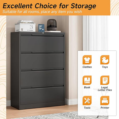 Bestoo 4-Drawer File Cabinet with Lock, Metal Filing Cabinet for Home Office, Lateral Filing Storage Cabinets, Fits File Folders, Letter/Legal/F4/A4 Sizes, Assembly Required (Black)