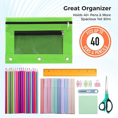 Pencil Pouch for 3 Ring Binder, Pencil Case Bag with Zipper, 600D Fabric Pencil Pouch Holder Accessories, Clear Window Pencil Case Aesthetic Back to School Organizer Pockets for Boy Girl (Green)