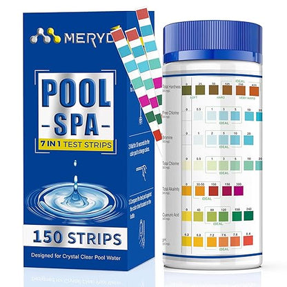 7-Way Pool Test Strips,150 Strips Pool and Hot Tub Test Strips,Accurate Test Bromine,Total Alkalinity,pH,Free Chlorine,Total Hardness,Cyanuric Acid and Total Chlorine Pool Spa Water Test Strips