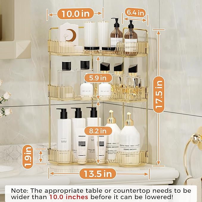 YCIA&DONE Corner Bathroom Counter Organizer, Makeup Organizer for Vanity, Skincare Cosmetic Perfume Tray, Corner Countertop Shelf Rack Storage for Bathroom Kitchen 3 Tiers (Amber Gold)