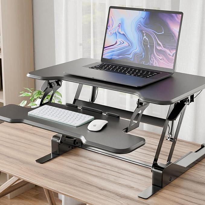 Mount-It! Height Adjustable Standing Desk Converter, Compact 30” Wide Tabletop Standing Desk Riser with Gas Spring, Desktop Stand Up Workstation with Keyboard Tray Fits Monitor or Laptop, Black
