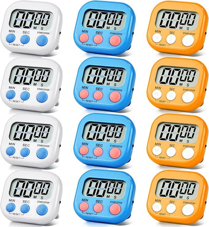 12 Pack Digital Kitchen Timer Magnetic Digital Timer with Big Display Loud Ring Cooking Timers for Kitchen Electronic Timer for Cooking, Bathing, Gym, Break Time, Classroom(12,White, Blue, Orange)