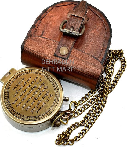 'Trust in The Lord'' Proverb3:5-6 Special Bibal Quote Scriptue Engraved Compass with Leather Case Guidance Gift | Religious Gift Compass | Baptism Gift | Graduation Gift Compass