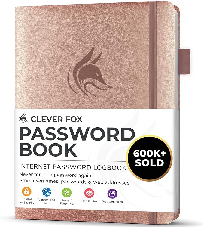 Clever Fox Password Book with alphabetical tabs. Internet Address Organizer Logbook. Small Pocket Password Keeper for Website Logins (Rose Gold)