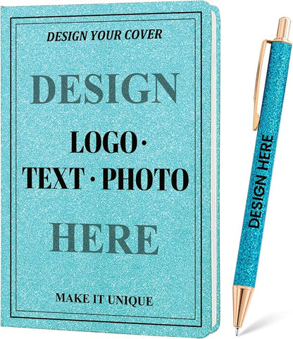 Custom Notebook and Pen Set - Personalized Cover with Logo/Text/Photo, Glitter Design & Rose Gold Accents, Customizable Journal with Matching Pen for Gifts/Office/School, Make It Unique, Green