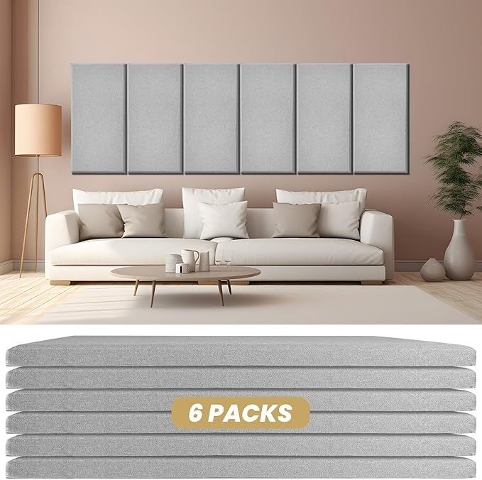 6 PCS Acoustic Panels, Large Soundproof Wall Panels, Professional Fiberglass Sound Absorbing Panels, 23.6x11.8 Inches Sound Proof Foam Panels for Walls, Studio Home Offices(Grey)