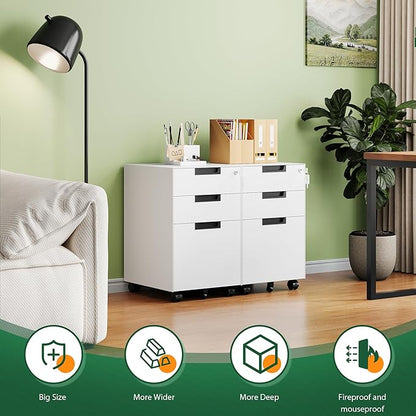 Letaya 3 Drawer Mobile File Cabinet with Lock,Under Desk Metal Small Filing Cabinets for Home Office Organizer Letters/Legal/A4(Fully Assembled Except Wheels-White)