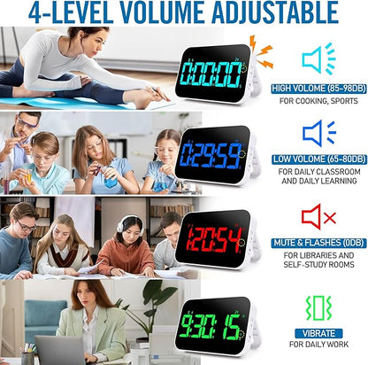 Kitchen Timer（1.5" Number）with Voice Reminder,10 RGB Color Changing Digital Magnetic Timer, Countdown/Up, Rechargeabilit, Brightness Display, 3 Volume Levels and Vibration Mode, for Classroom, Cooking