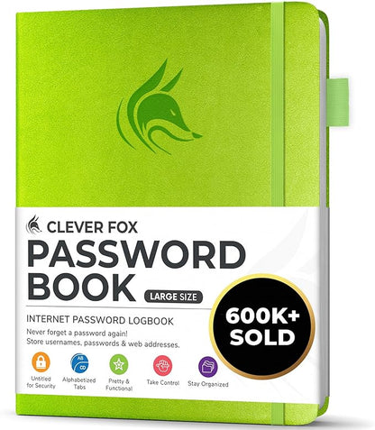 Clever Fox Password Book with alphabetical tabs. Internet Address Organizer Logbook. Large Password Keeper for Website Logins (Green)