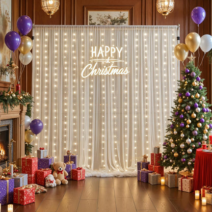 Ivory Sheer Backdrop Curtains with Lights String for Parites Wedding 10×8ft Tulle Backdrop Curtains for Baby Shower Birthday Party Photo Shoot Background Decorations