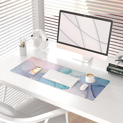 QiyI Large Mouse Pad, PU Leather Desk Mat for Desktop, Waterproof Gaming Pad, Marble Full Desk Accessories Keyboard Mousepad, Abstract Art Home Office Décor 31.5" x 11.8" - Blue Pink Fluid