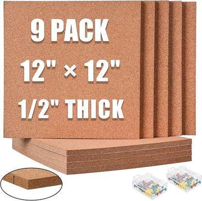 SUNGIFT Cork Board 12"x12" - 1/2" Thick Square Bulletin Boards 9 Pack Cork Tiles with 100 PCS Push Pins Mini Wall Self-Adhesive Corkboards Tiles for Wall