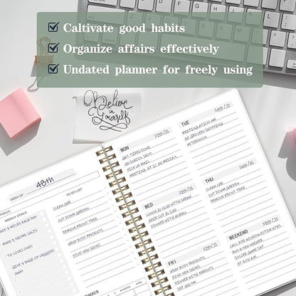 Undated Weekly Planner - Weekly Goals Notebook, A5 To Do List Planner, Habit Tracker Journal with Spiral Binding Floral Cover