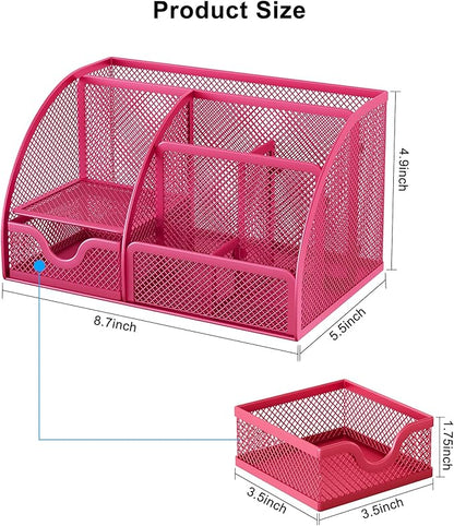 EasyPAG Mesh Desk Organizer with Drawer Multi-functional Pen Holder Stationery Organizer for Office School Supplies 6 Compartments Dorm Organizers and Storage for Desk, Hot Pink