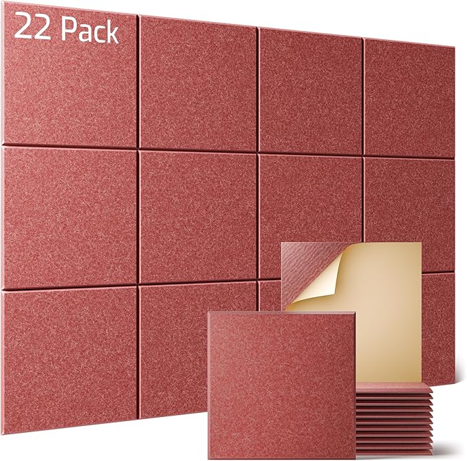 Sonicism 22 Pack Acoustic Wall Panels with Self-Adhesive, 12" X 12" X 0.4" Sound Proof Foam Panels, Decorative Soundproof Wall Panels, Sound Proof Absorbing Tiles for Home & Offices, Red