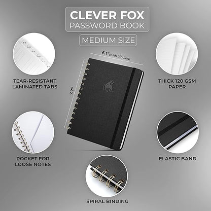 Clever Fox Password Book Spiral – Internet Address & Password Organizer with Laminated Alphabetical Tabs – Password Keeper Journal – Hardcover, Medium Size, 6.1x7.7” (Black)