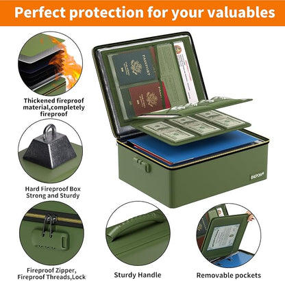 ENGPOW Fireproof Document Box with Lock & Heat-Resistant Fireproof Zipper | 6400°F 12-Layer Fire Protection, Hard File Organizer with Pockets, Portable Home Chest Safe Storage for Money,Jewelry, Green