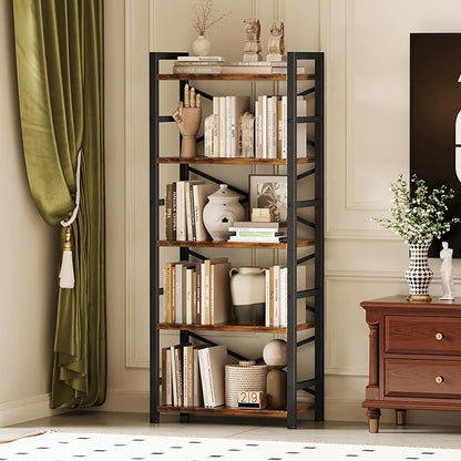 Organization and Storage, 5 Tier Bookshelf, Tall Bookcase with Shelves, Wood and Metal Book Shelf Storage Organizer, Industrial Display Standing Shelf Unit for Bedroom, Living Room, Rustic Brown