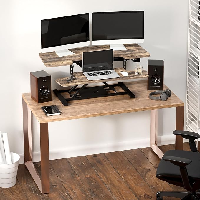 FLEXISPOT 40 inch Electric Motor Desk Converter, Sit to Stand Monitor and Laptop Workstation, Height Adjustable Riser with Wide Keyboard Tray, Rustic Color