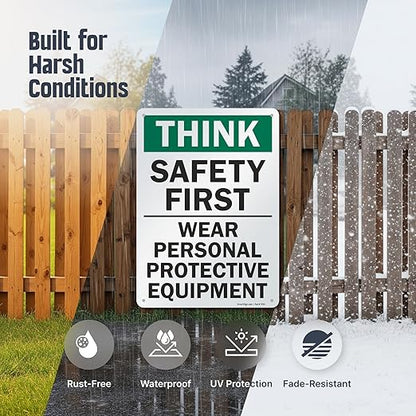 SmartSign - S-2917-AL-14 "Think Safety First - Wear Personal Protective Equipment" Sign | 10" x 14" Aluminum 10" x 14" Non-Reflective Aluminum