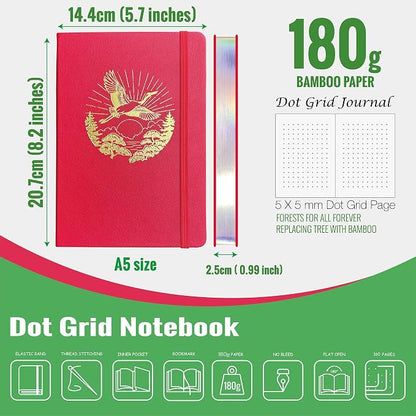 BUKE Dotted Notebook Journal 180GSM Bamboo Thick White Paper 160 Pages 5 * 5MM Dot Grid, Lay Flat Binding,Colored Silver Edges, Bookmarks and Expandable Back Pocket (BKP-6)