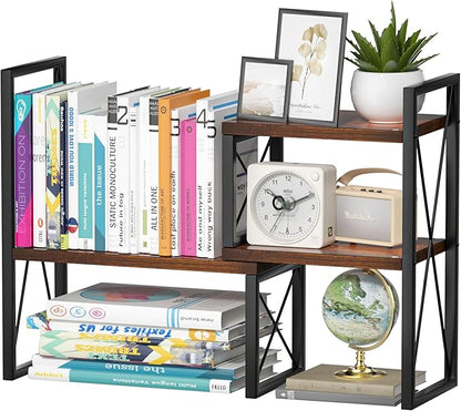 Yelinkws Desktop Shelf Organizer,Small Bookshelf for Office,Wood Desk Top Shelves, Office Organization and Storage (Brown)