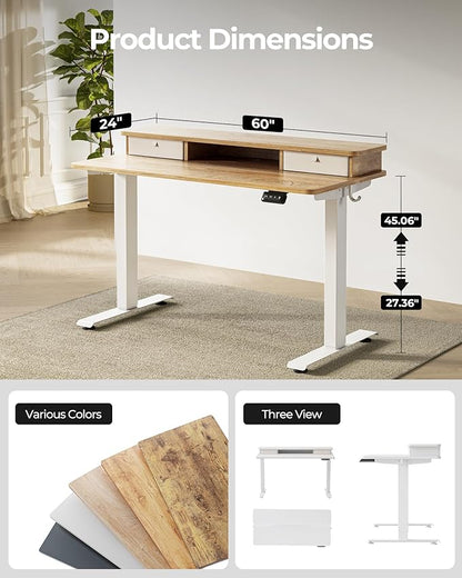 FEZIBO 60 x 24 Inch Height Adjustable Electric Standing Desk with Double Drawer, Stand up Home Office Computer Desk with 4 Height-Adjustable Feets & 2 Hooks, Maple