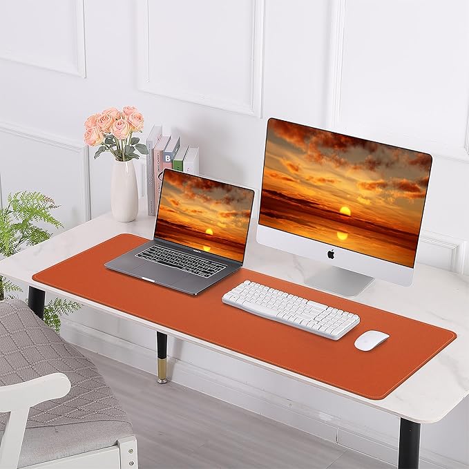Large Desk Mat -47.2" x 17" Leather Desk Pad Protector with Natural Cork & PU Leather, Non-Slip Office Desk Mat, Double-Sided Mouse Pad, Waterproof Large Desk Pad for Office&Home (Orange)…